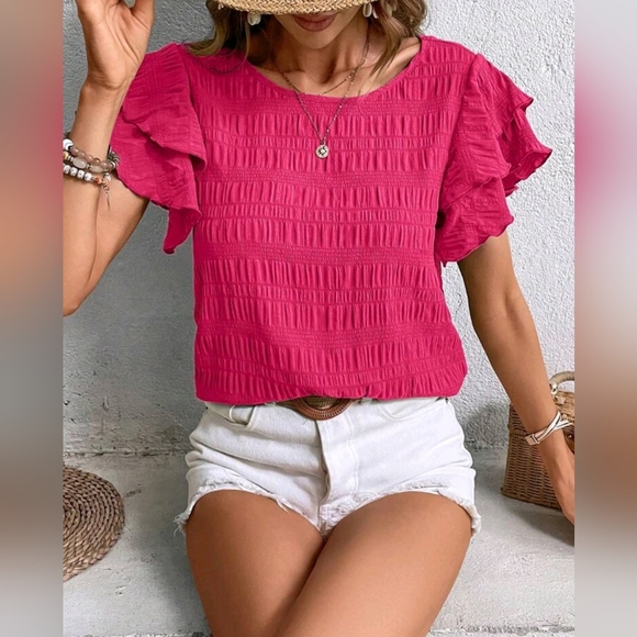 New Chic Textured Stripe Flutter Sleeve Top Blouse Hot Pink - Picture 6 of 9
